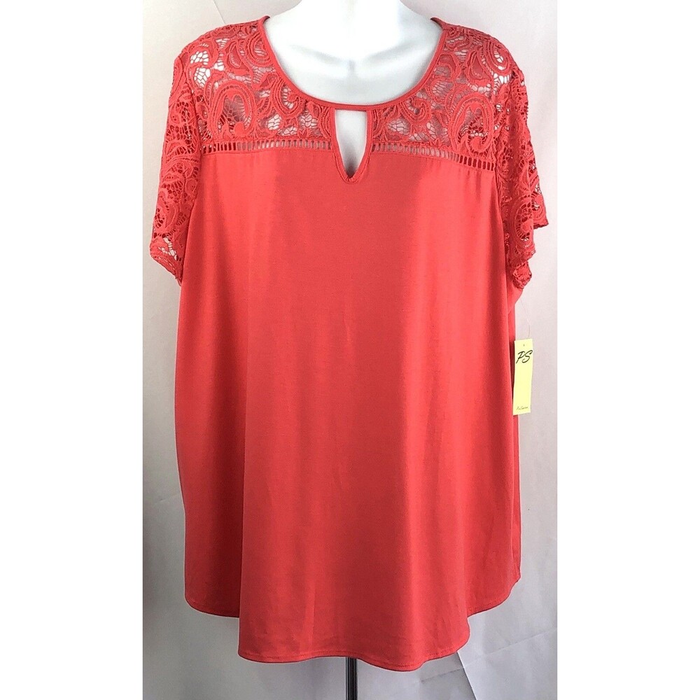 NWT Per Seption Crotchet Lace Top Blouse 3X Coral Short Sleeve Keyhole Neck